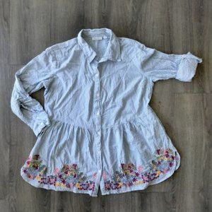 A Personal Touch Embroidered Button Down Floral Shirt Blue & White Stripes Sz XL